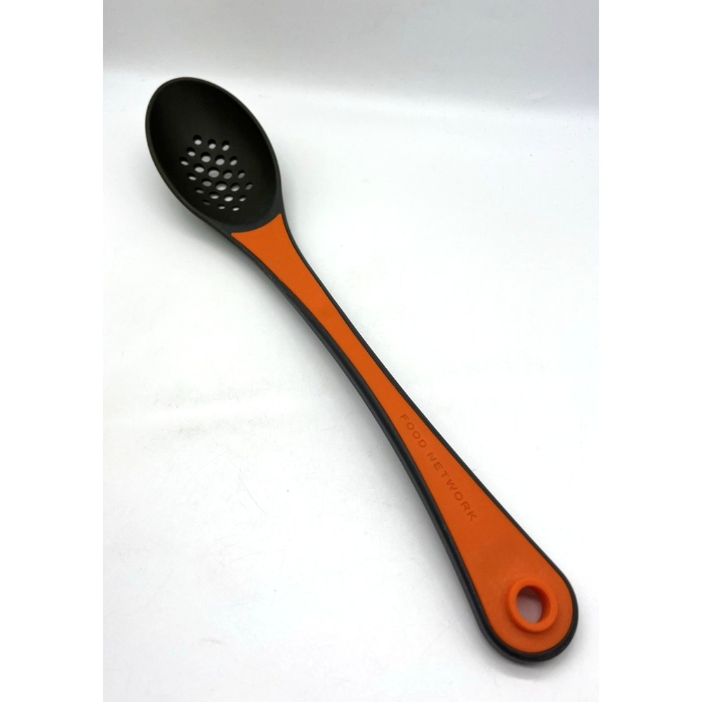 Food Network Slotted Serving Spoon Silicone Long Handle Orange Black 12"